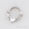 HINGED CLICKER SEGMENT RING FEATURING A VINE, ROSE, AND CLEAR HEART CZ 316L SURGICAL STEEL